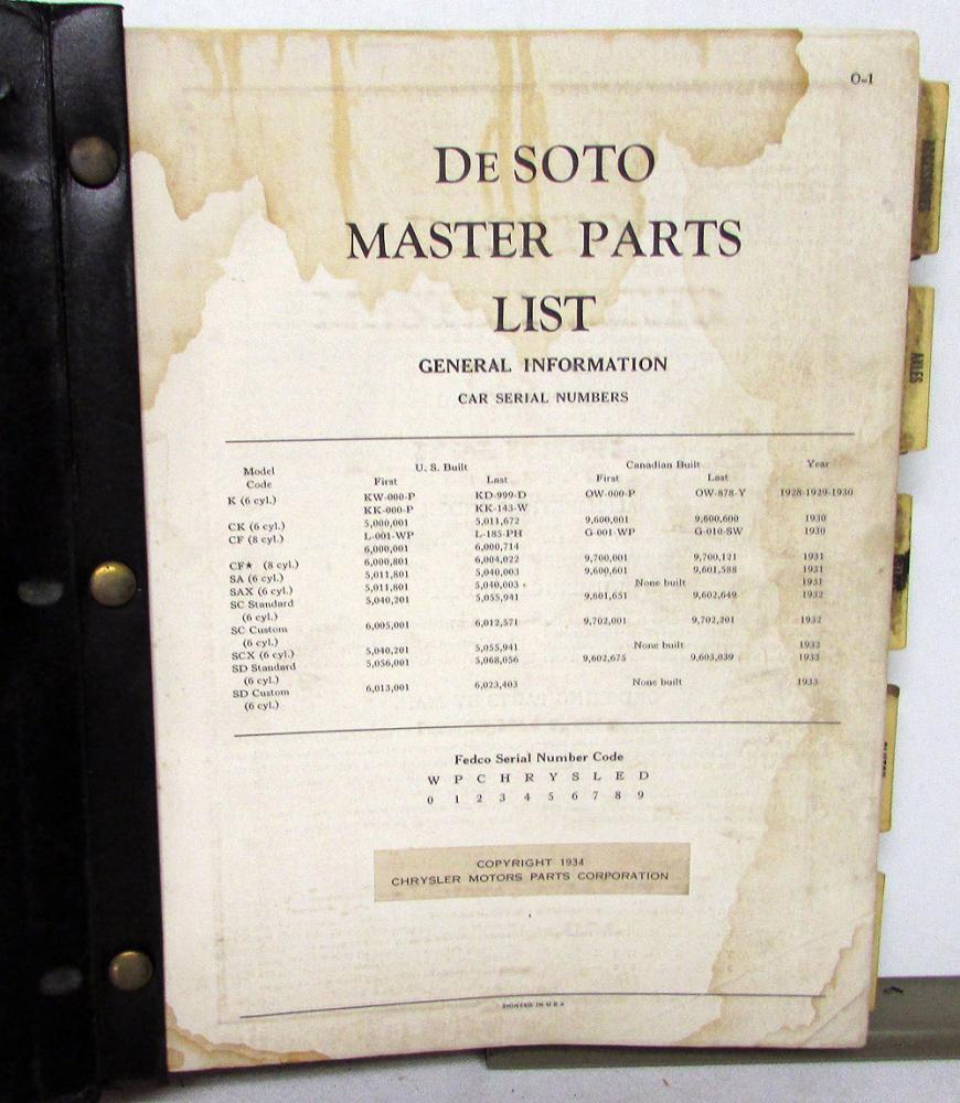 19281933 DeSoto Dealer Master Parts List Catalog Book Model K CK CF SA