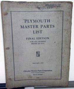 1928-1933 Plymouth Dealer Master Parts List Final Edition Four Six Coupe Sedan