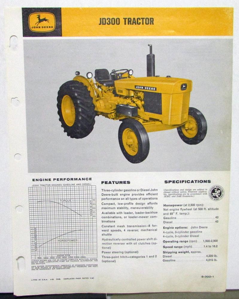1968 John Deere Dealer Sales Brochure Data Spec Sheet JD300 Tractor Orig