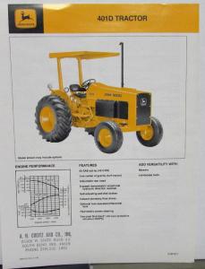1983 John Deere Dealer Sales Brochure Data Spec Sheet 401D Tractor