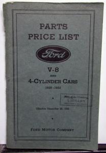 1928 1929 1930 1931 1932 Ford Parts Price List Flathead V8 & 4 Cylinder Original