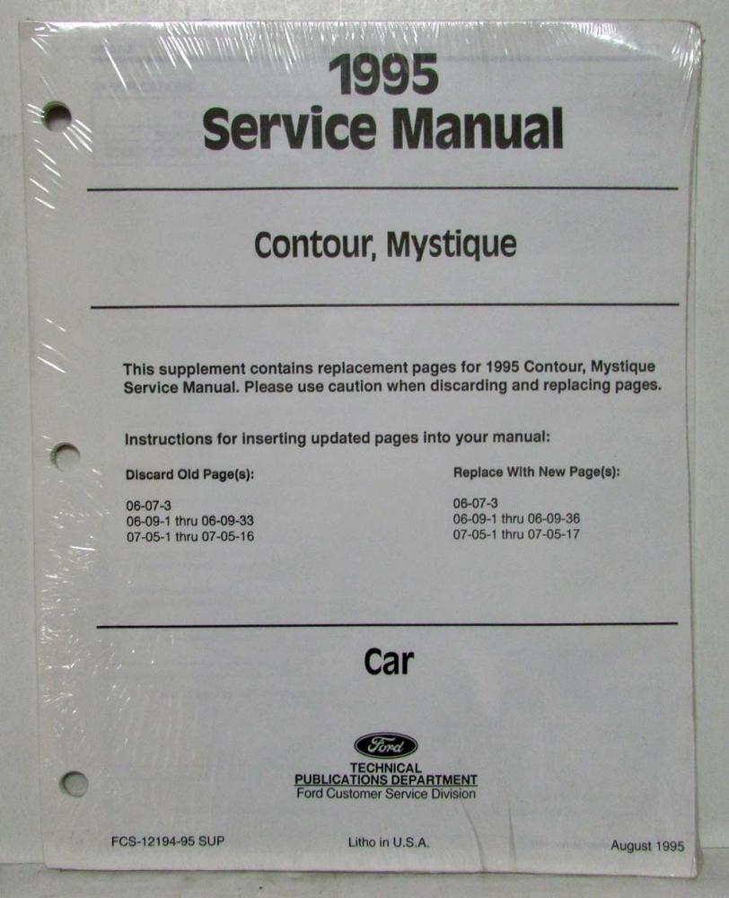 1995 Ford Contour Mercury Mystique Service Manual Supplement Replacement Pages