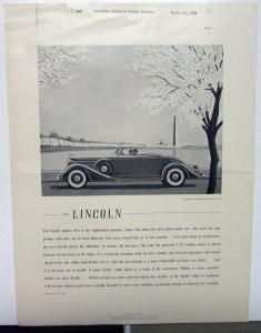 1935 Lincoln Ad Proof Newspaper New Models V12 Le Baron Convertible Roadster