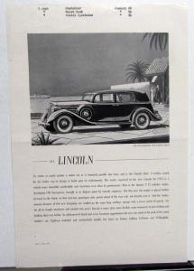 1935 Lincoln Ad Proof Magazine New Models V12 5 Passenger Sedan
