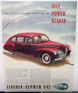 1940 Lincoln Zephyr V12 Magazine Ad Proof Size Power Beauty Time Fortune Orig