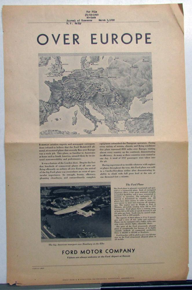 1930 Ford TriMotor Airplane Ad Proof Over Europe European Aviation