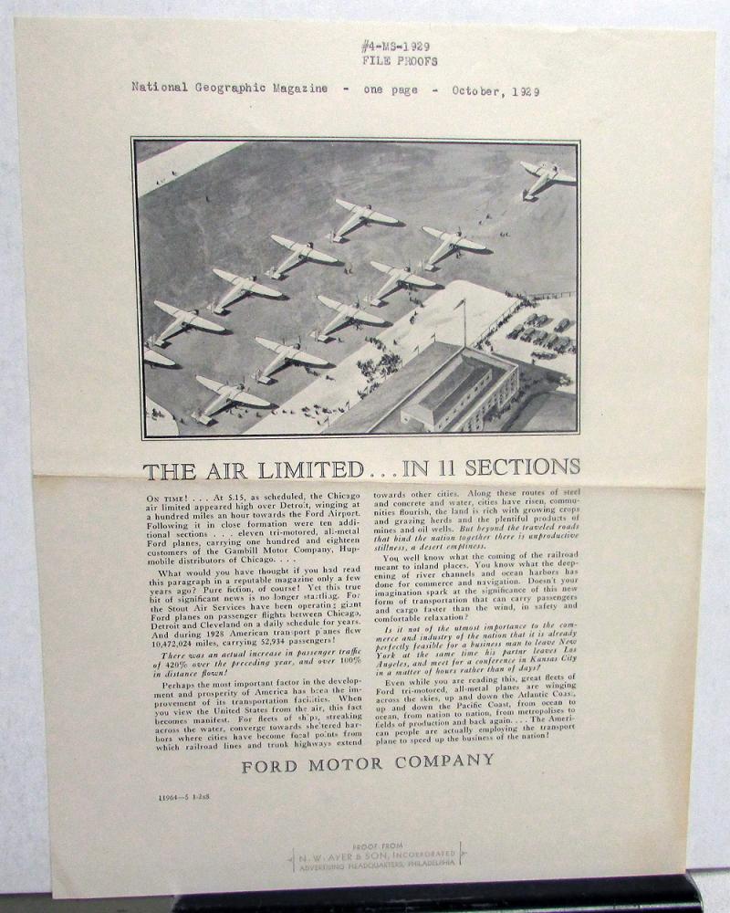 1929 Ford TriMotor Airplane Ad Proof The Air Limited National Geographic Mag