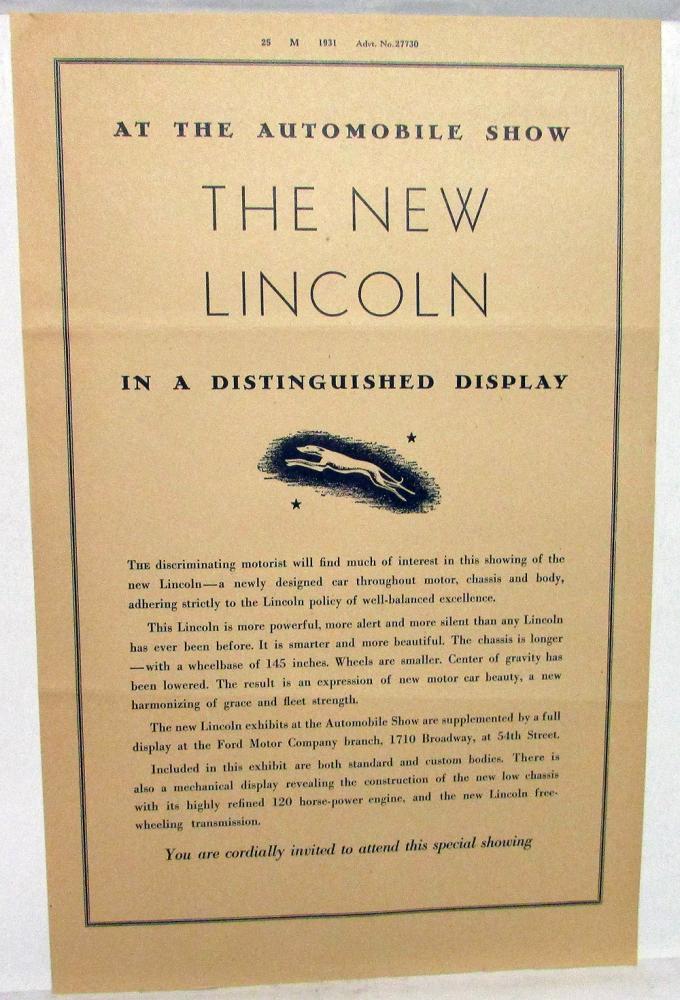 1931 Lincoln V12 Newspaper Ad Proof New Lincoln Models At Automobile Show