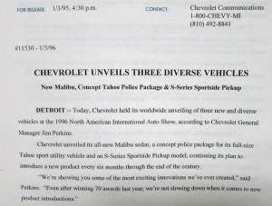 1996 Chevrolet Press Kit Concept POLICE Package Tahoe - Malibu - S-Series Pickup