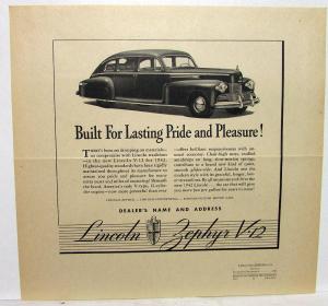 1942 Lincoln Newspaper Ad Proof Zephyr V12 Built For Lasting Pride & Pleasure