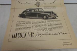 1942 Lincoln V12 Large Newspaper Ad Proof Custom Continental Zephyr Sedan