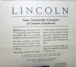 1926 Lincoln Newspaper Ad Proof Custom Coachwork National Automobile Show