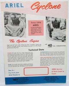 1958 Ariel Cyclone 40 Cubic Inch Super Sports Twin Motorcycle Sales Brochure