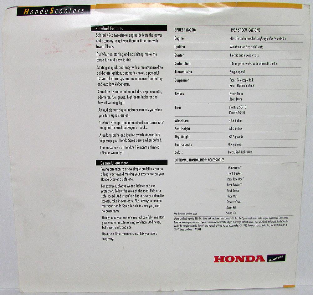 1987 Honda Spree Scooter Motorcycle Bike Dealer Sales Brochure NQ50 Folder