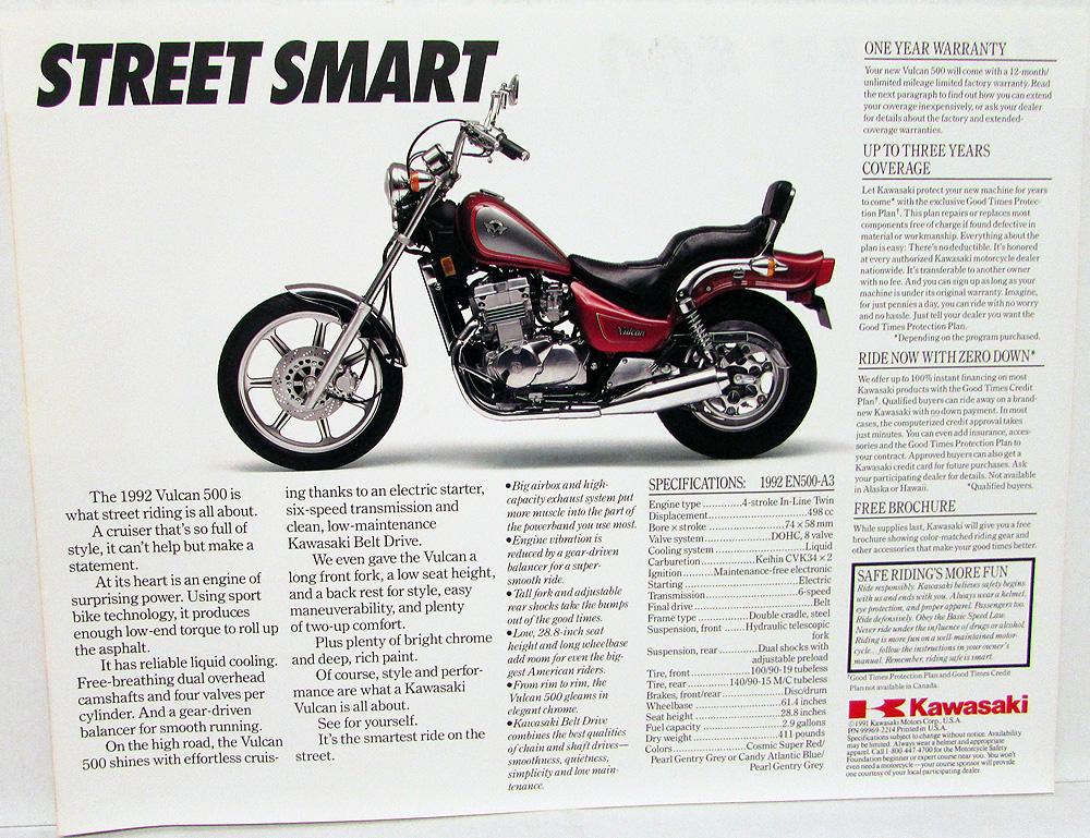 1992 Kawasaki 500 Motorcycle Sales Brochure Data Sheet EN500-A3 Specs