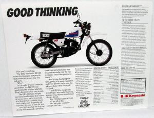 1992 Kawasaki KE 100 Motorcycle Sales Brochure Data Sheet KE100-B11 Specs
