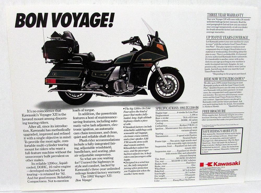 1992 Voyager XII Motorcycle Sales Brochure Sheet ZG1200-B6 Specs