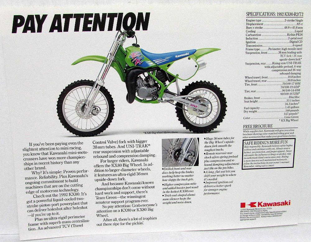 Erhverv favorit det er alt 1992 Kawasaki KX 80 Kids Motorcycle Brochure Data Sheet Dirt Bike KX80-R2/T2