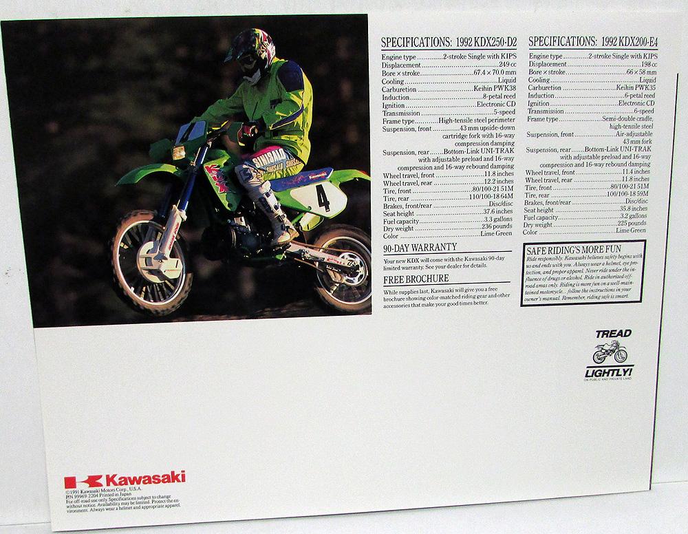 1992 Kawasaki Kdx 250 0 Motorcycle Sales Brochure Kdx250 D2 Kdx0 E4 Spec