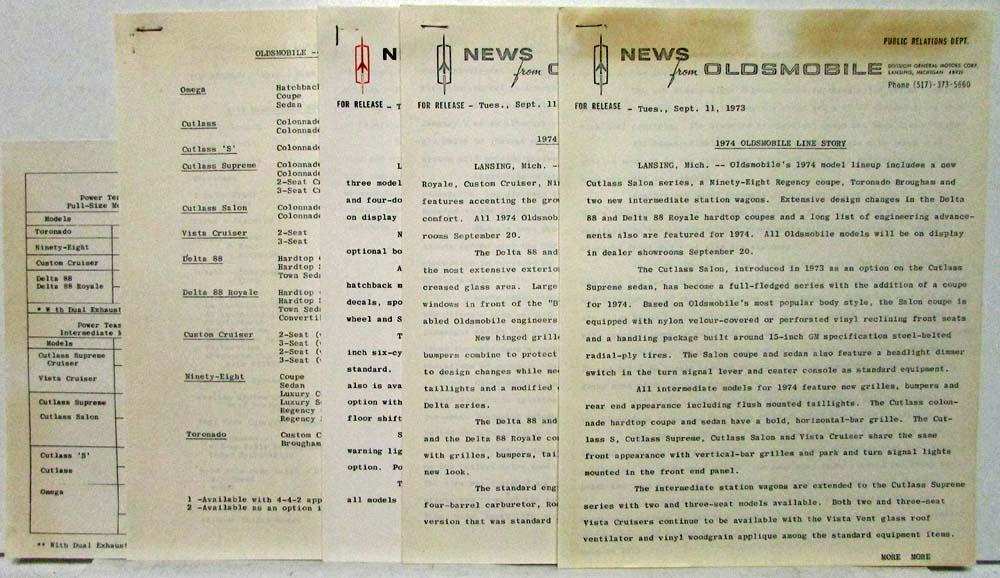 1974 Oldsmobile Press Kit Omega Cutlass Supreme Delta 88 Ninety-Eight Toronado