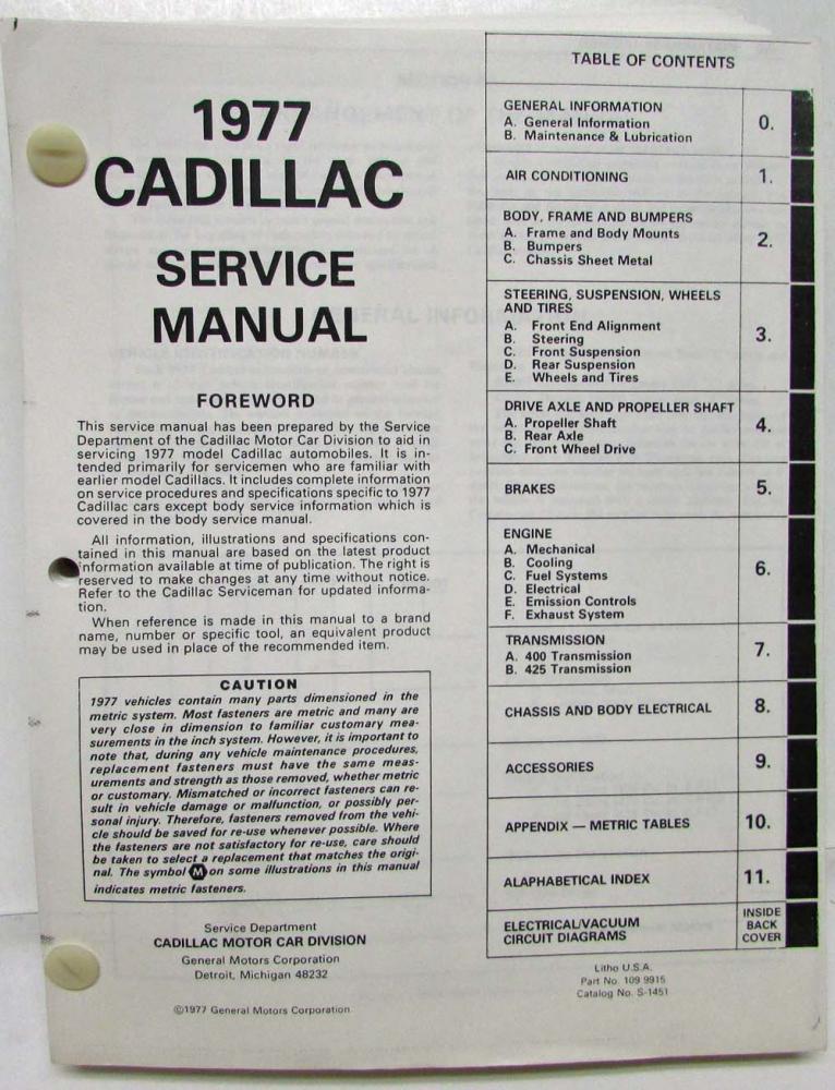 1977 Cadillac Service Shop Repair Manual - Loose Leaf