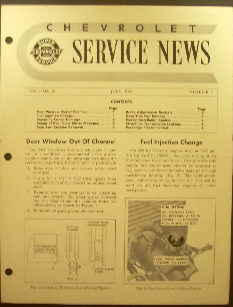 1961 Chevrolet Service News Window Channel Fuel Injection Carpet Door Trim  More