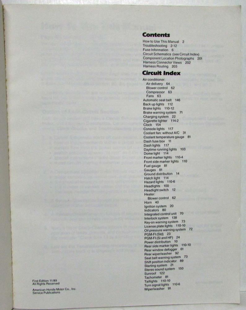 1990 Honda Civic Crx Electrical Troubleshooting Service Manual