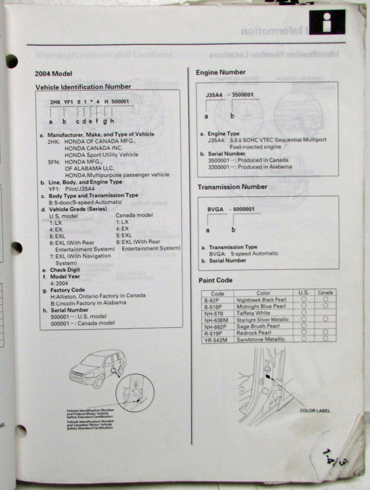 2004 HONDA PILOT SERVICE MANUAL visual data 5