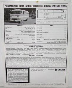 1963 Dodge Motor Home Commercial Unit Office Retail Store Data Sheet Original