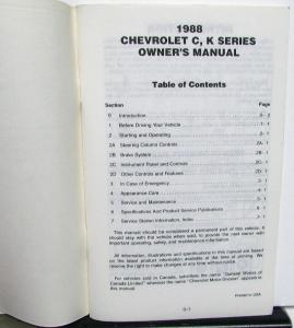 1988 Chevrolet C/K Series Truck Owners Manual Silverado 2 & 4 W/D 1500 2500 3500