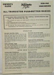 1958-1961 VW Automatic Radio Owners Guide - Instructions - Schematic - Part List