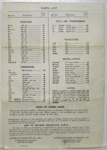 1958-1961 VW Automatic Radio Owners Guide - Instructions - Schematic - Part List