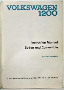 1963 Volkswagen 1200 Owners Instruction Manual Sedan & Convertible