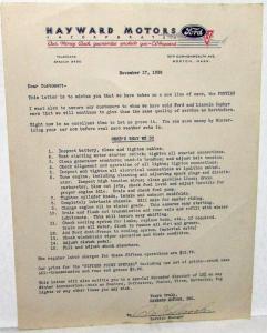 1938 Ford Lincoln Zephyr Pontiac Dealer Service Special Letter Hayward Motors