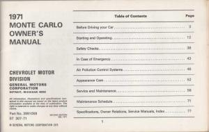 1971 Chevrolet Monte Carlo Owners Manual Care & Operation Instructions Original