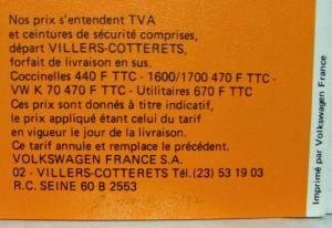 1971 VW October Price Sheet - French Text