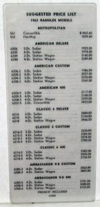 1962 AMC Rambler Dealer Salesman Pocket Price List Laminated Card Options