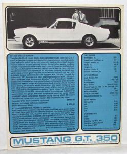 1965 Ford Mustang GT 350 Shelby Dealer Data Sheet Handout Original Specs