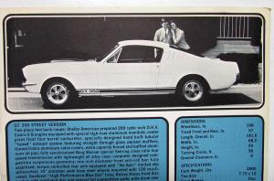 1965 Ford Mustang GT 350 Shelby Dealer Data Sheet Handout Original Specs