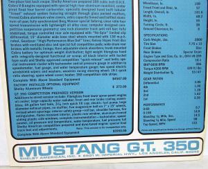 1965 Ford Mustang GT 350 Shelby Dealer Data Sheet Handout Original Specs
