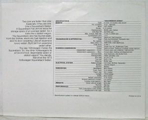 1973 VW Volkswagen Squareback Sedan Spec Sheet