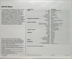 1974 VW 412 Wagon Spec Sheet