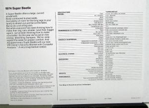 1974 VW Super Beetle Spec Sheet