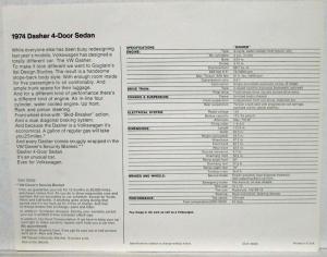 1974 VW Dasher 4-Door Sedan Spec Sheet