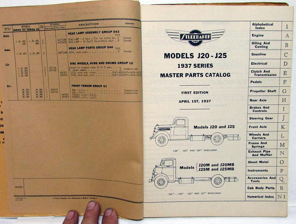 1937 Studebaker Truck Dealer Master Parts Catalog Book J20 J25 Models