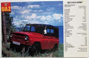 1994 UAZ America 31512 Sport and 3303 Flat Bed Truck Spec Card