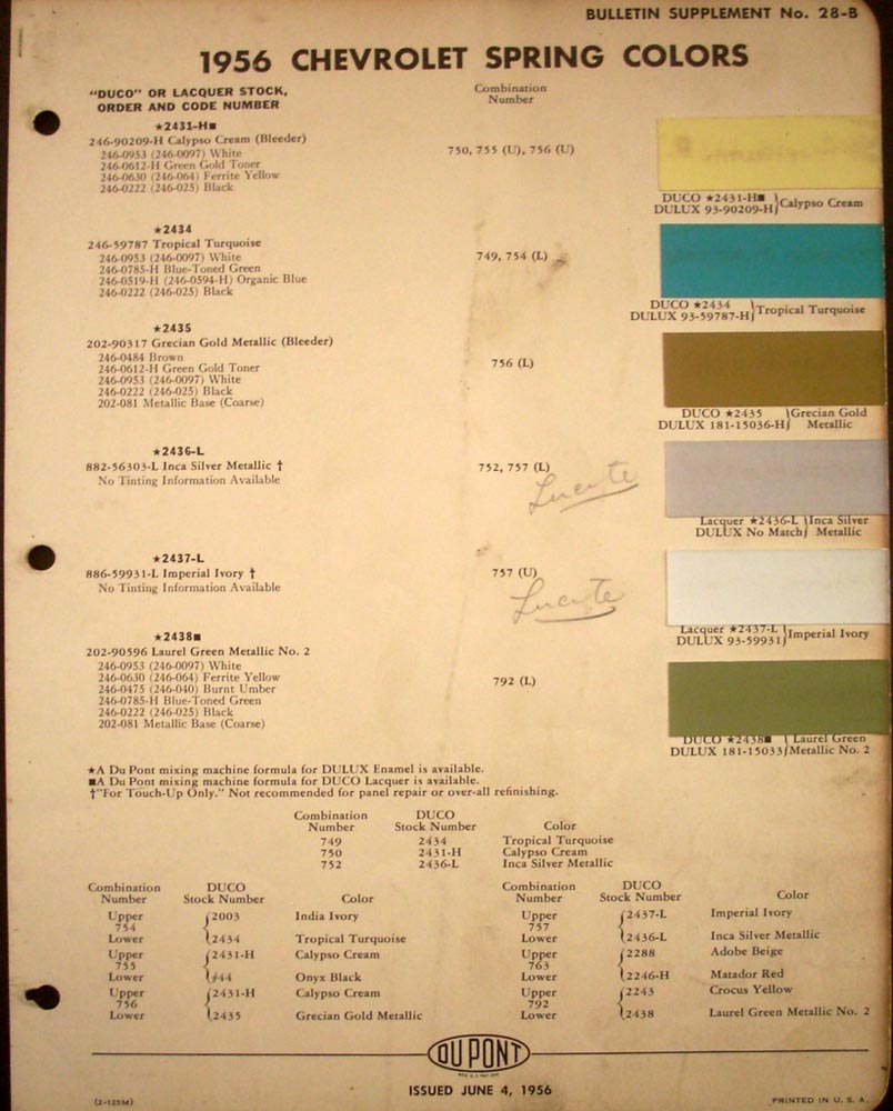 1956 Chevrolet Spring Colors DuPont Paint Chips Original Codes 56 Rare