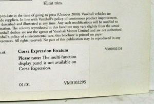 2001 Vauxhall Corsa Expression Spec Sheet - UK