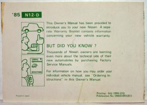 1985 Nissan Pulsar NX Owners Manual