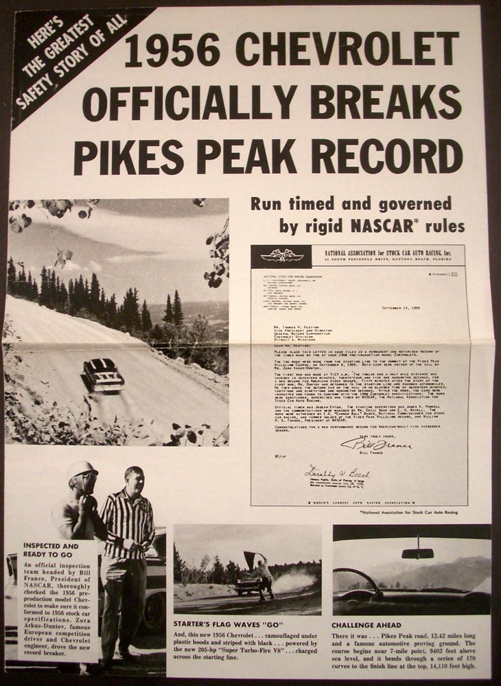 1956 Chevrolet Pikes Peak Record NASCAR Bill France Cannonball Baker Folder Orig